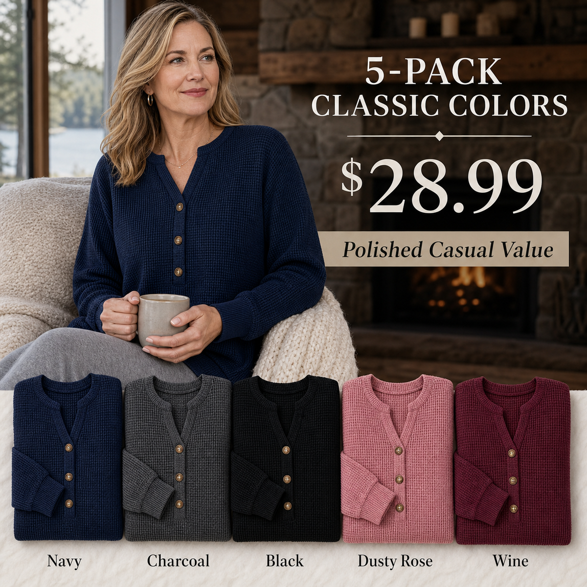 Women's Waffle Knit Long Sleeve Henley Top