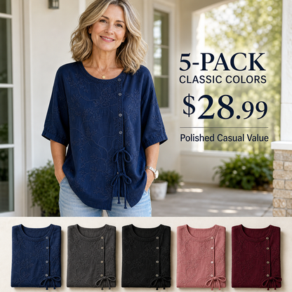 Women's Embroidered Tie-Front Short Sleeve Blouse