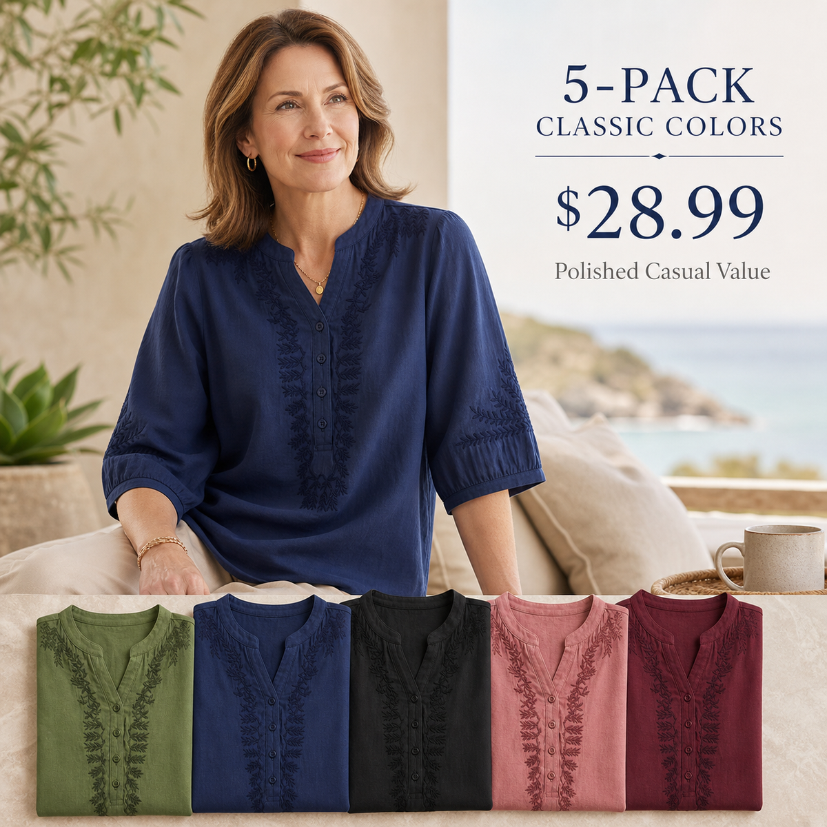 Women's Embroidered Linen-Look V-Neck Blouse