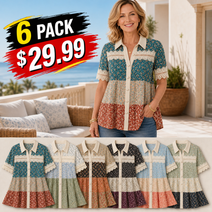 Women's Patchwork Lace Button-Front Blouse