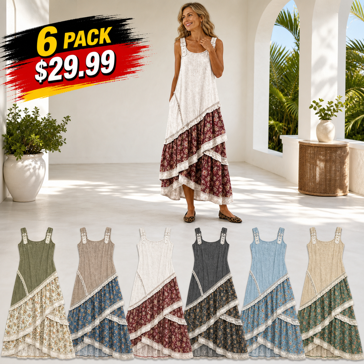 Women's Sleeveless Boho Patchwork Midi Dress
