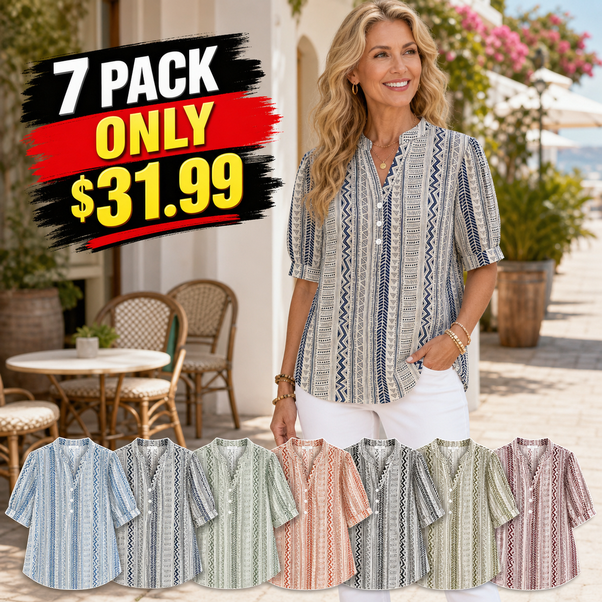 Women's Geometric Print Button-Front Blouse