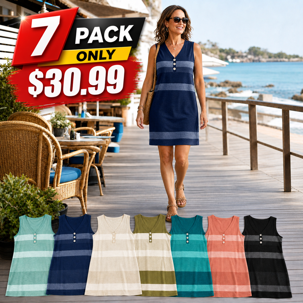 Women's Sleeveless Striped Henley Mini Dress
