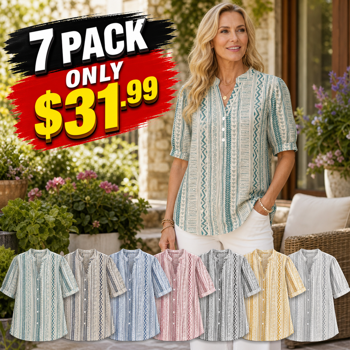 Women's Geometric Print Button-Front Blouse