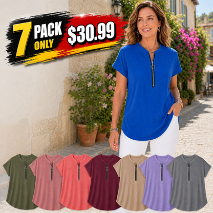 Women's Pleated Zip-Neck Short Sleeve Top