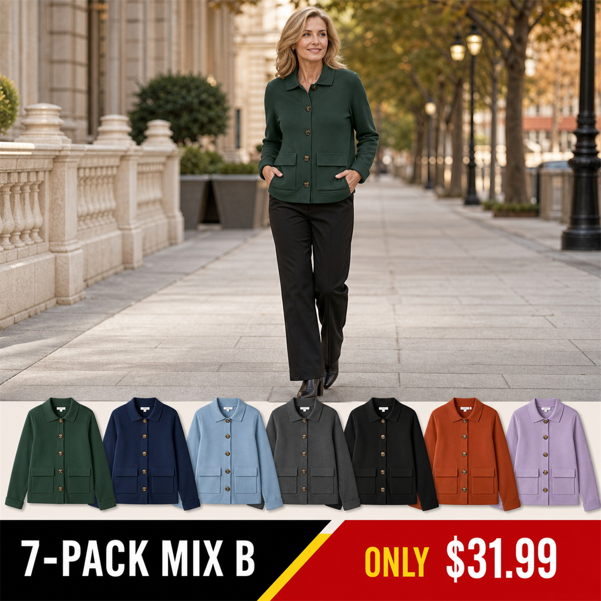 Women's Soft-Knit Collared Button Pocket Jacket