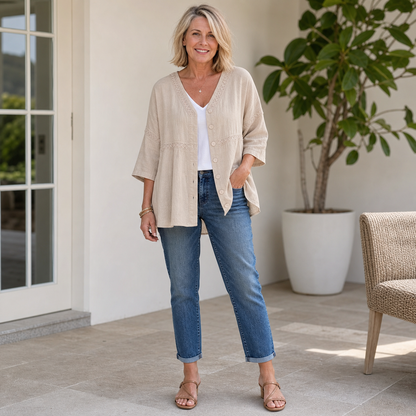 Women's Relaxed Embroidered Button-Front Cardigan Blouse