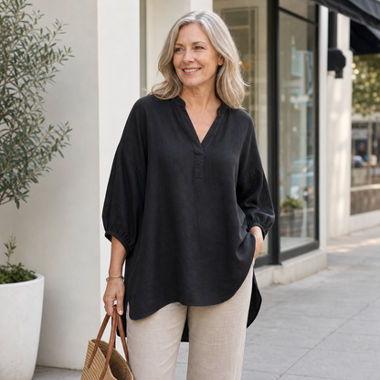 Women's Relaxed Linen-Blend V-Neck Tunic Blouse