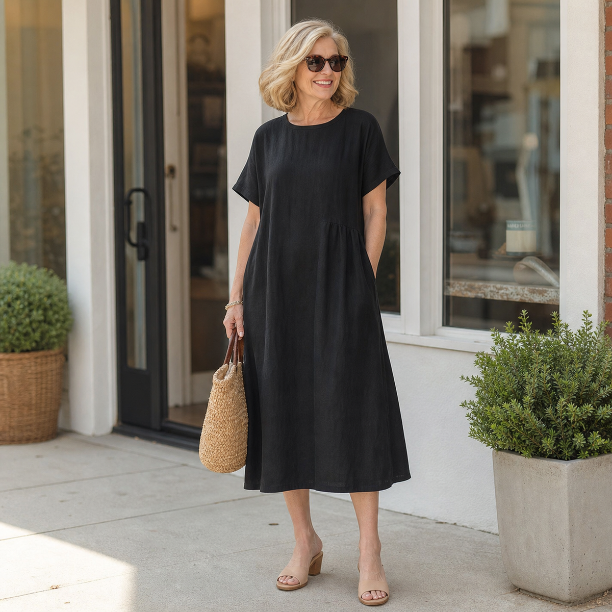 Women's Relaxed Linen-Blend Pocket Midi Dress