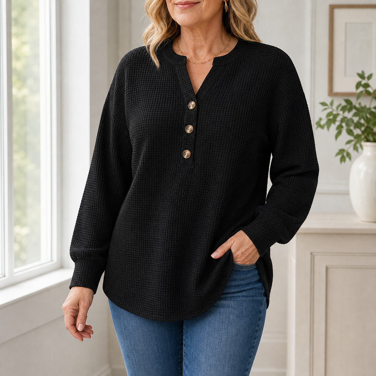 Women's Waffle Knit Long Sleeve Henley Top