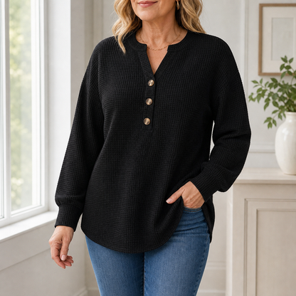 Women's Waffle Knit Long Sleeve Henley Top