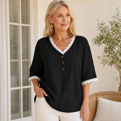 Women's Lace Trim V-Neck Button Short Sleeve Blouse