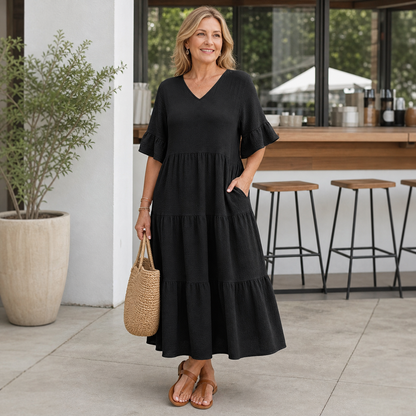Women's Relaxed Tiered V-Neck Maxi Dress