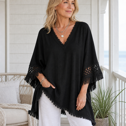 Women's Fringed Lace Sleeve V-Neck Tunic Top