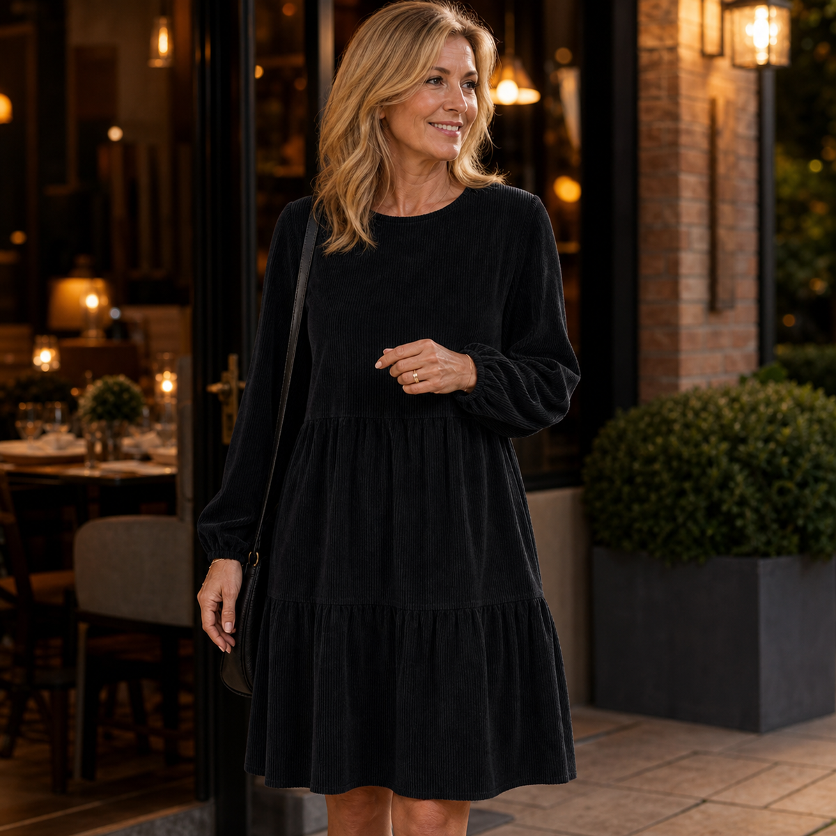 Women's Soft Corduroy Tiered Long Sleeve Dress