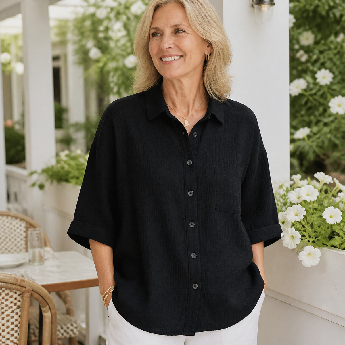 Women's Relaxed Button-Front Three-Quarter Sleeve Shirt Blouse