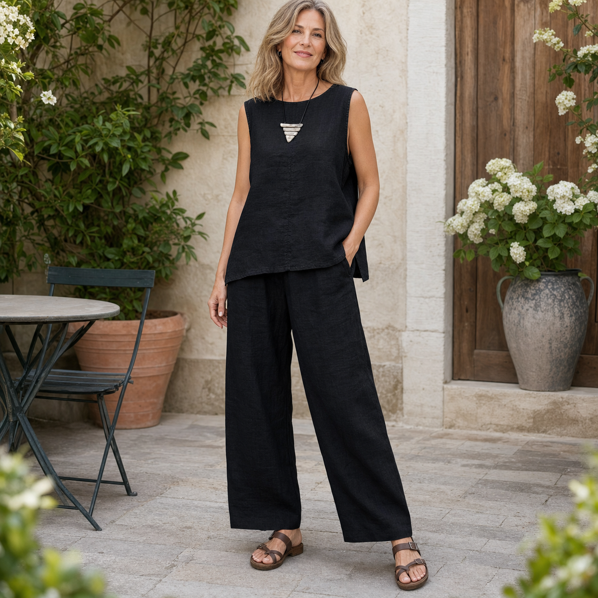 Women's Sleeveless Linen-Look Two-Piece Set