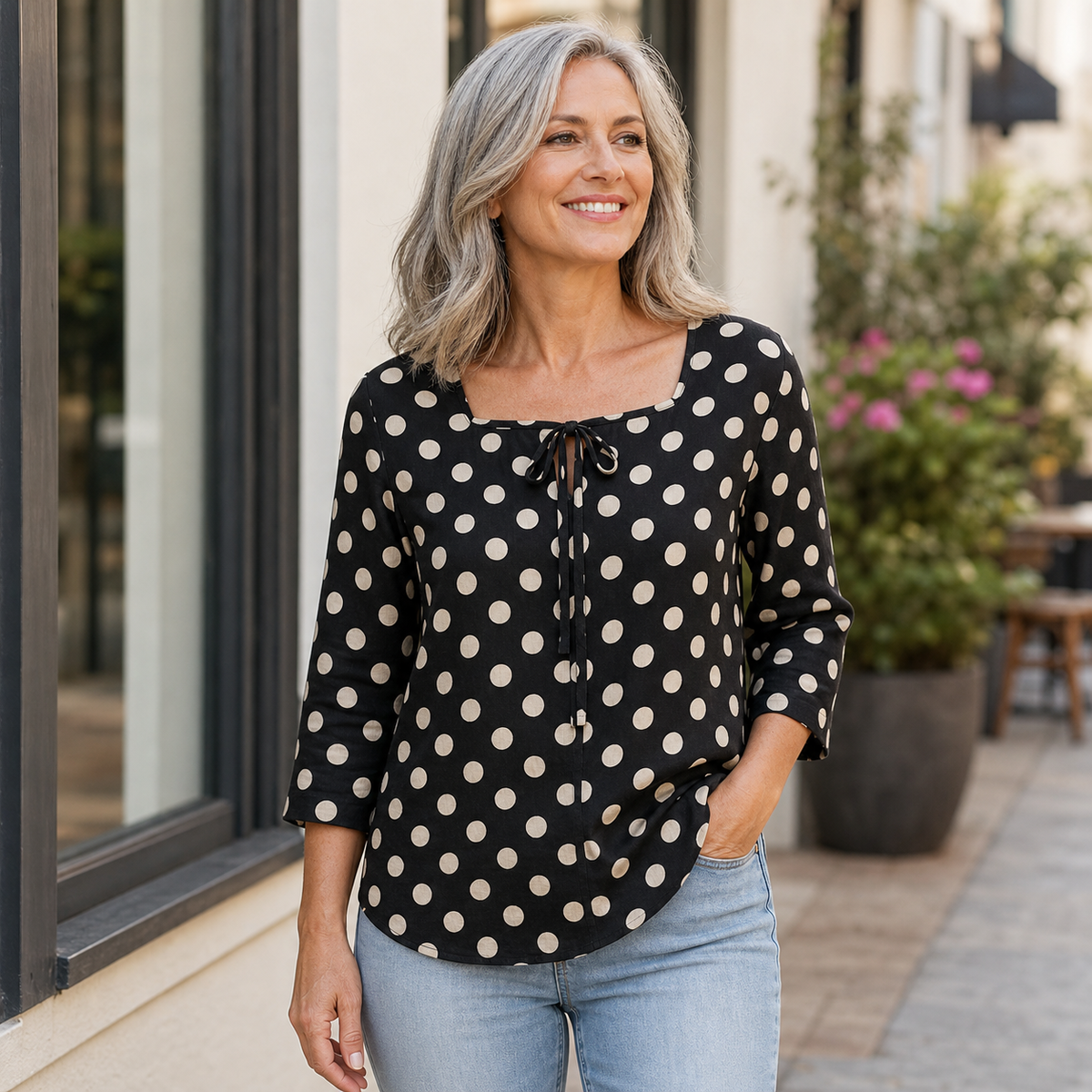 Women's Polka Dot Tie-Front Blouse