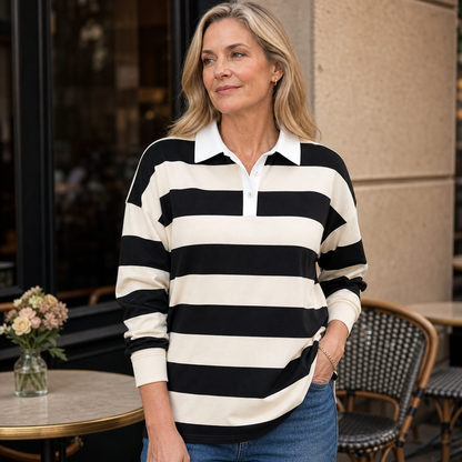 Women's Relaxed Striped Rugby Polo Long Sleeve Top