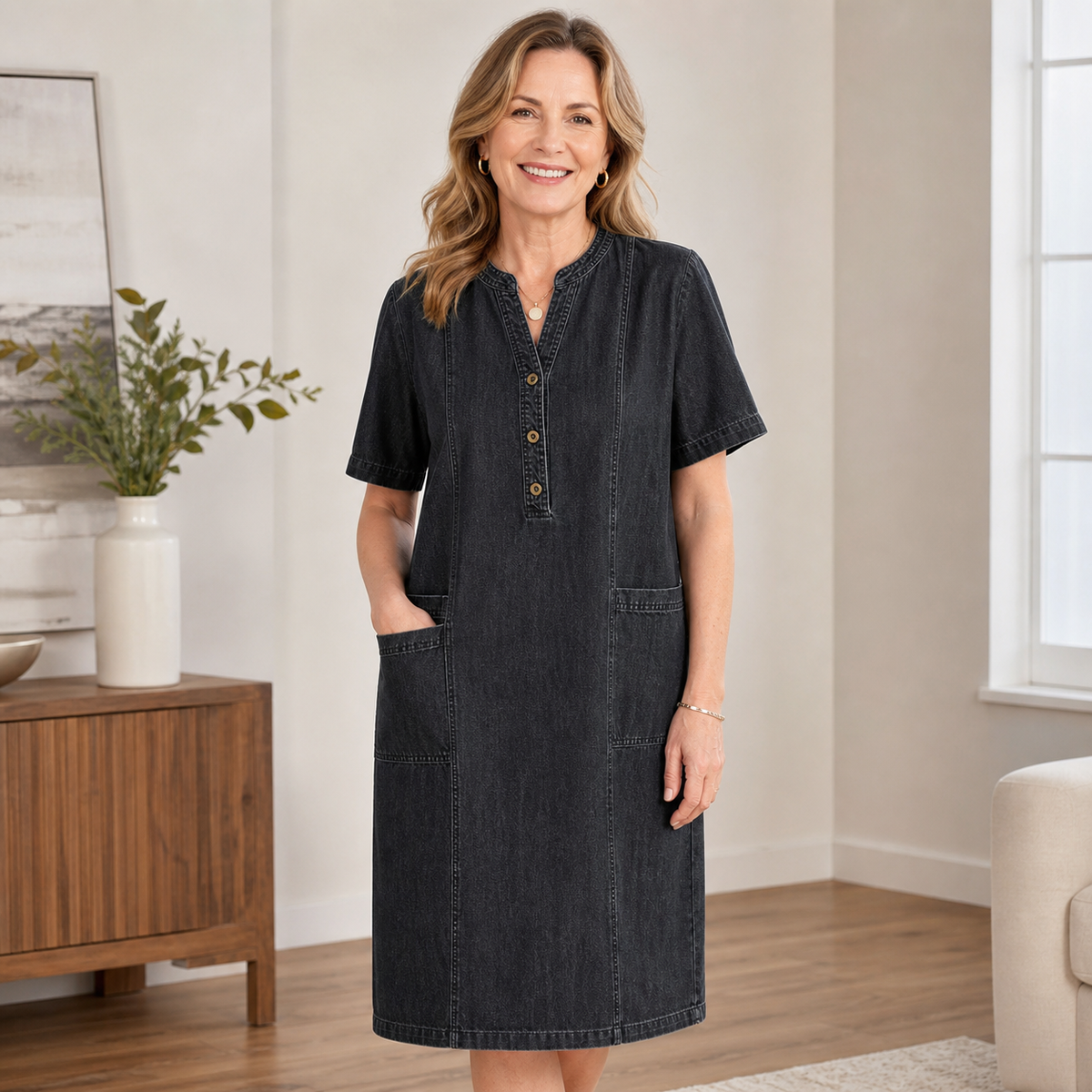 Women's Short Sleeve Denim Henley Pocket Dress