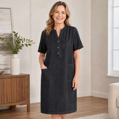 Women's Short Sleeve Denim Henley Pocket Dress