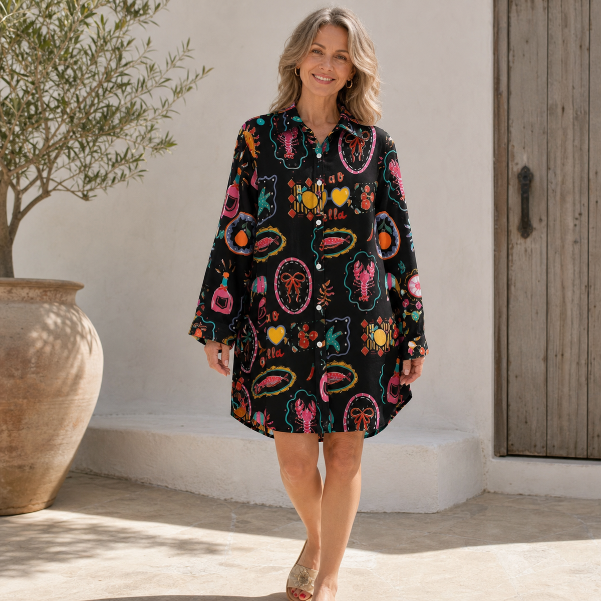 Women's Printed Long Sleeve Shirt Dress
