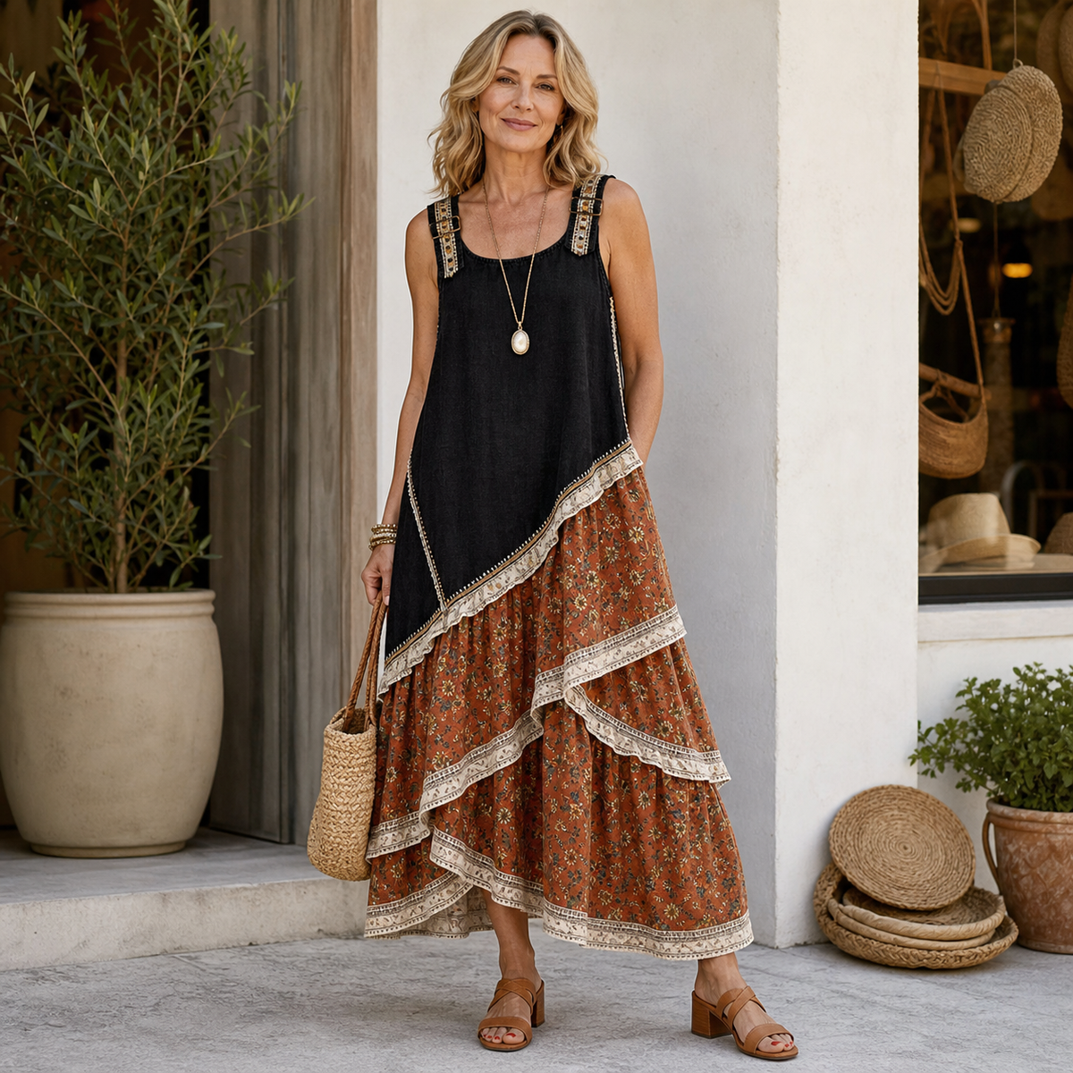 Women's Sleeveless Boho Patchwork Midi Dress