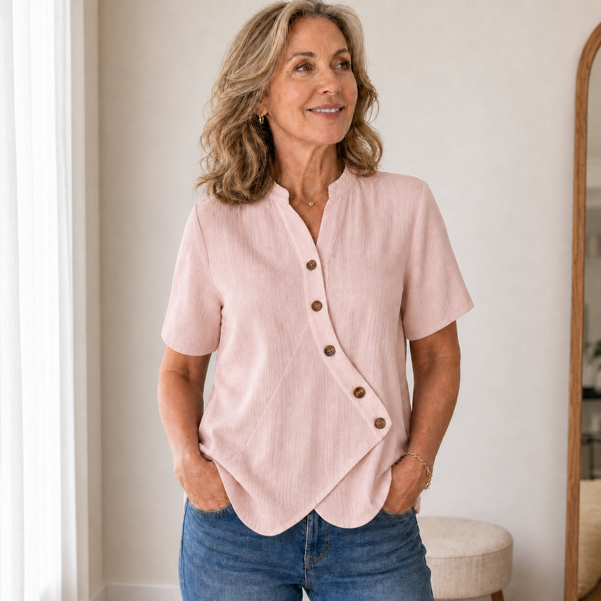 Women's Short Sleeve Asymmetrical Button Blouse