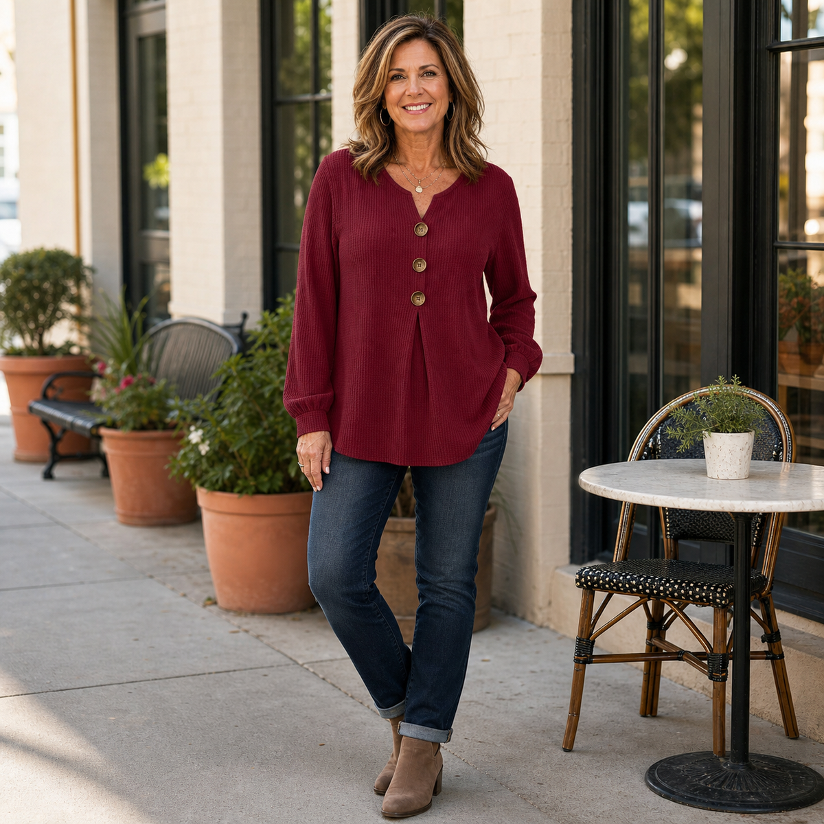 Women's Textured Button-Front Tunic Blouse