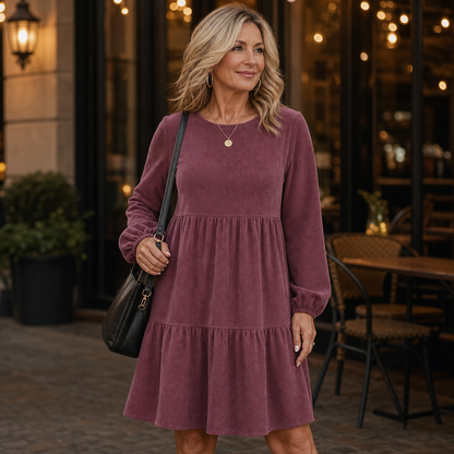Women's Soft Corduroy Tiered Long Sleeve Dress
