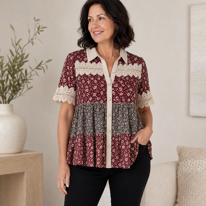 Women's Patchwork Lace Button-Front Blouse