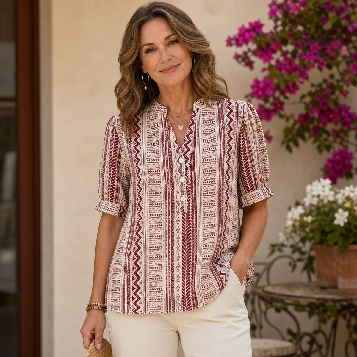 Women's Geometric Print Button-Front Blouse