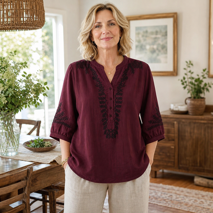 Women's Embroidered Linen-Look V-Neck Blouse