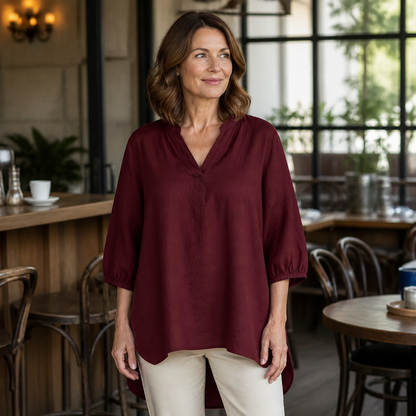 Women's Relaxed Linen-Blend V-Neck Tunic Blouse