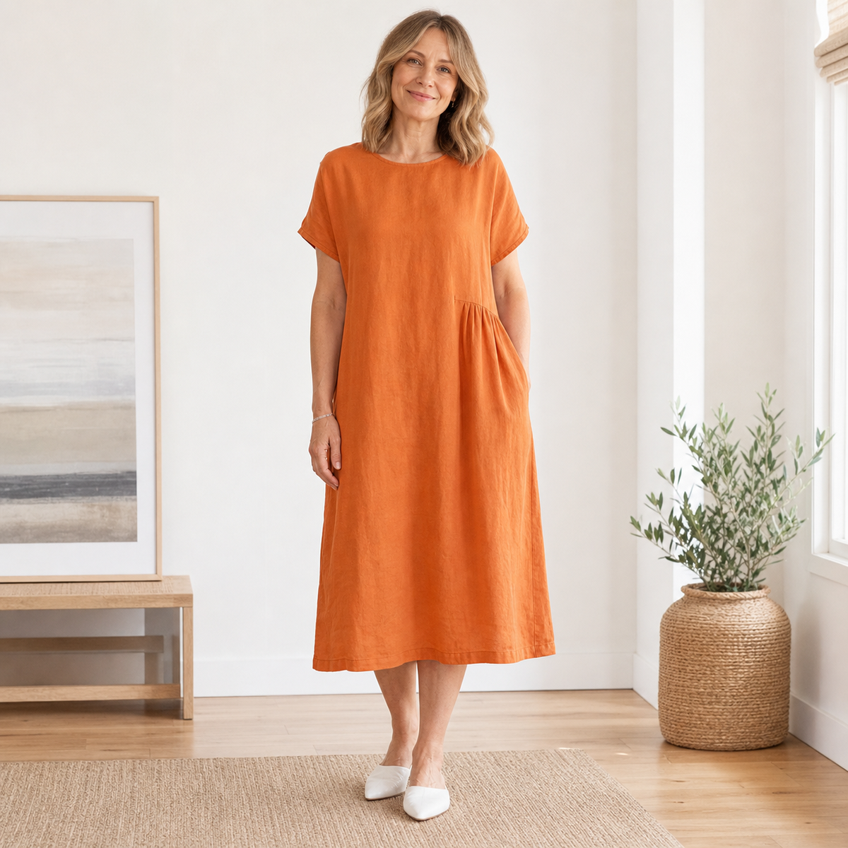 Women's Relaxed Linen-Blend Pocket Midi Dress