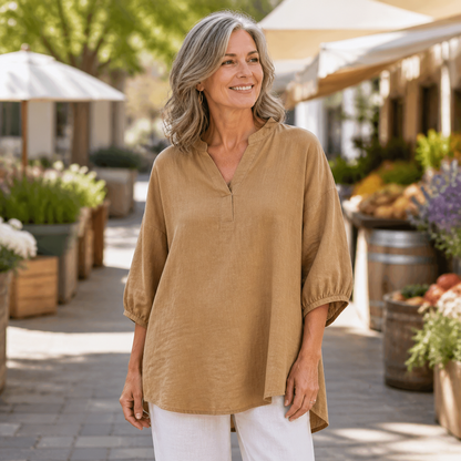 Women's Relaxed Linen-Blend V-Neck Tunic Blouse