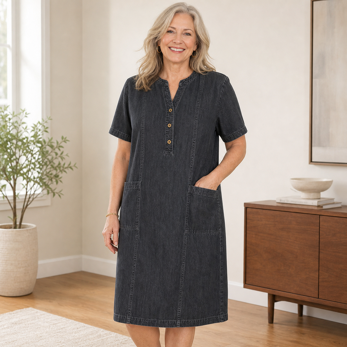 Women's Short Sleeve Denim Henley Pocket Dress