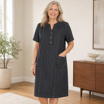 Women's Short Sleeve Denim Henley Pocket Dress