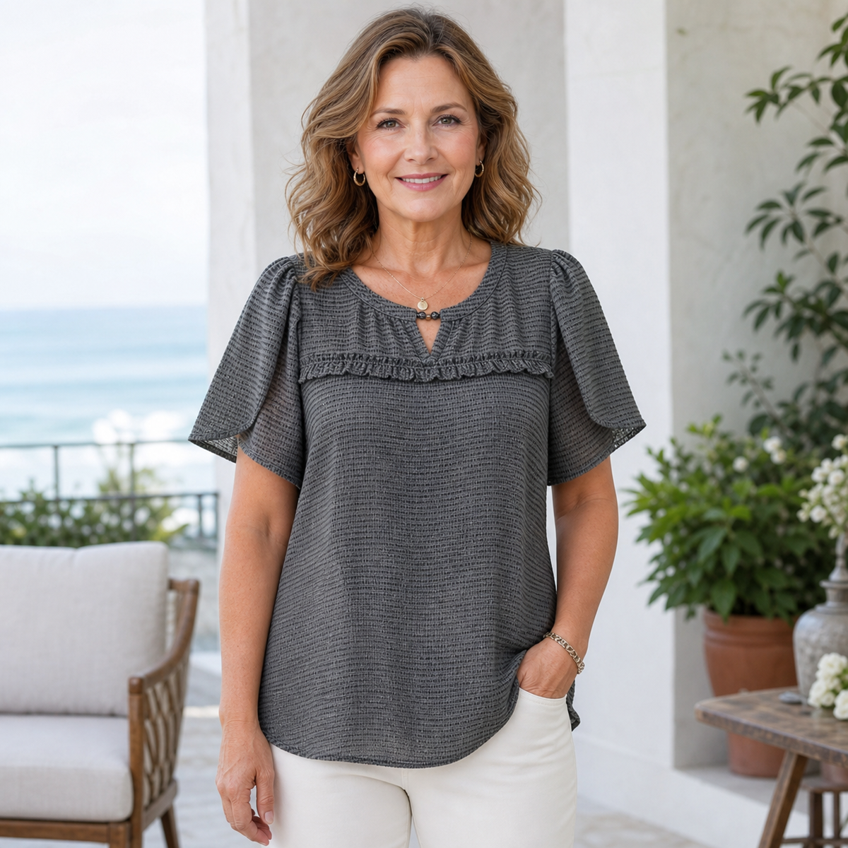 Women's Textured Flutter Sleeve Keyhole Blouse