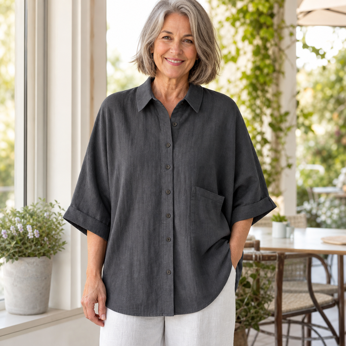 Women's Relaxed Button-Front Three-Quarter Sleeve Shirt Blouse