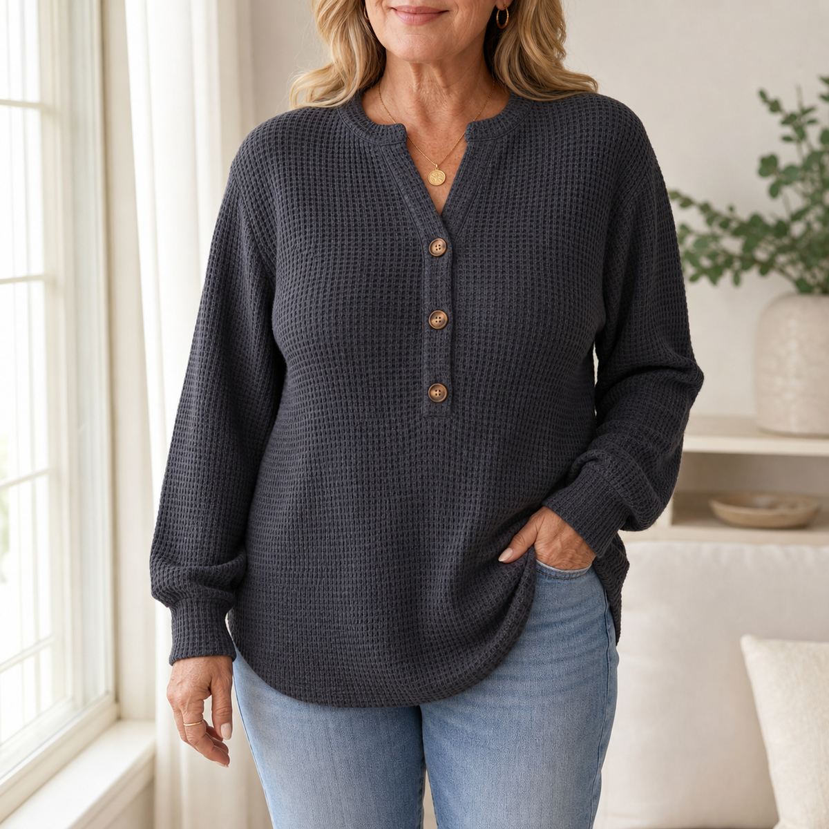 Women's Waffle Knit Long Sleeve Henley Top