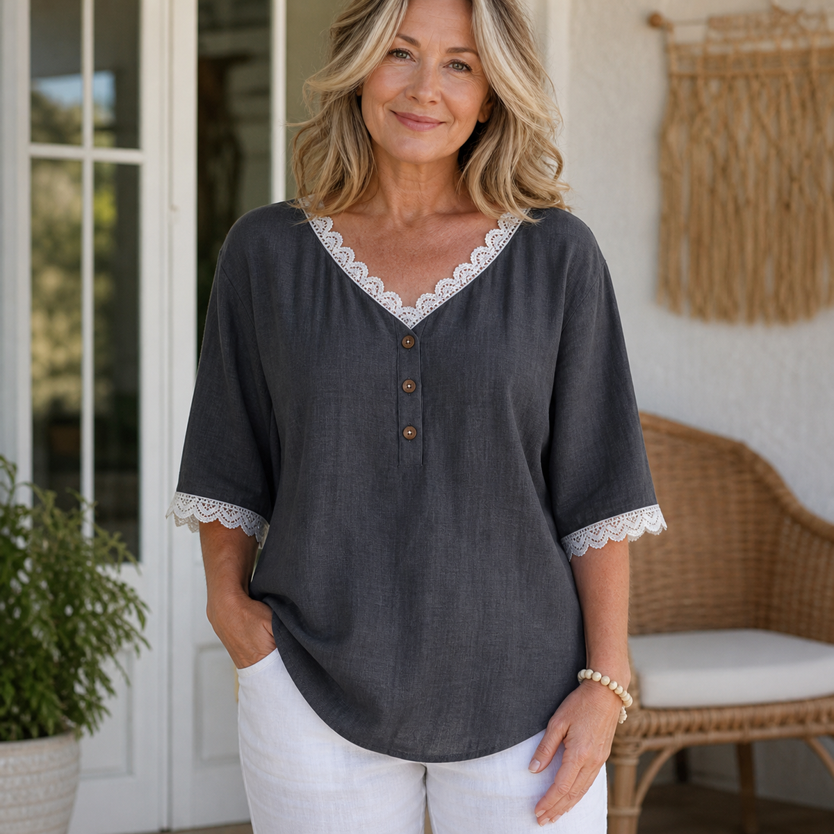 Women's Lace Trim V-Neck Button Short Sleeve Blouse