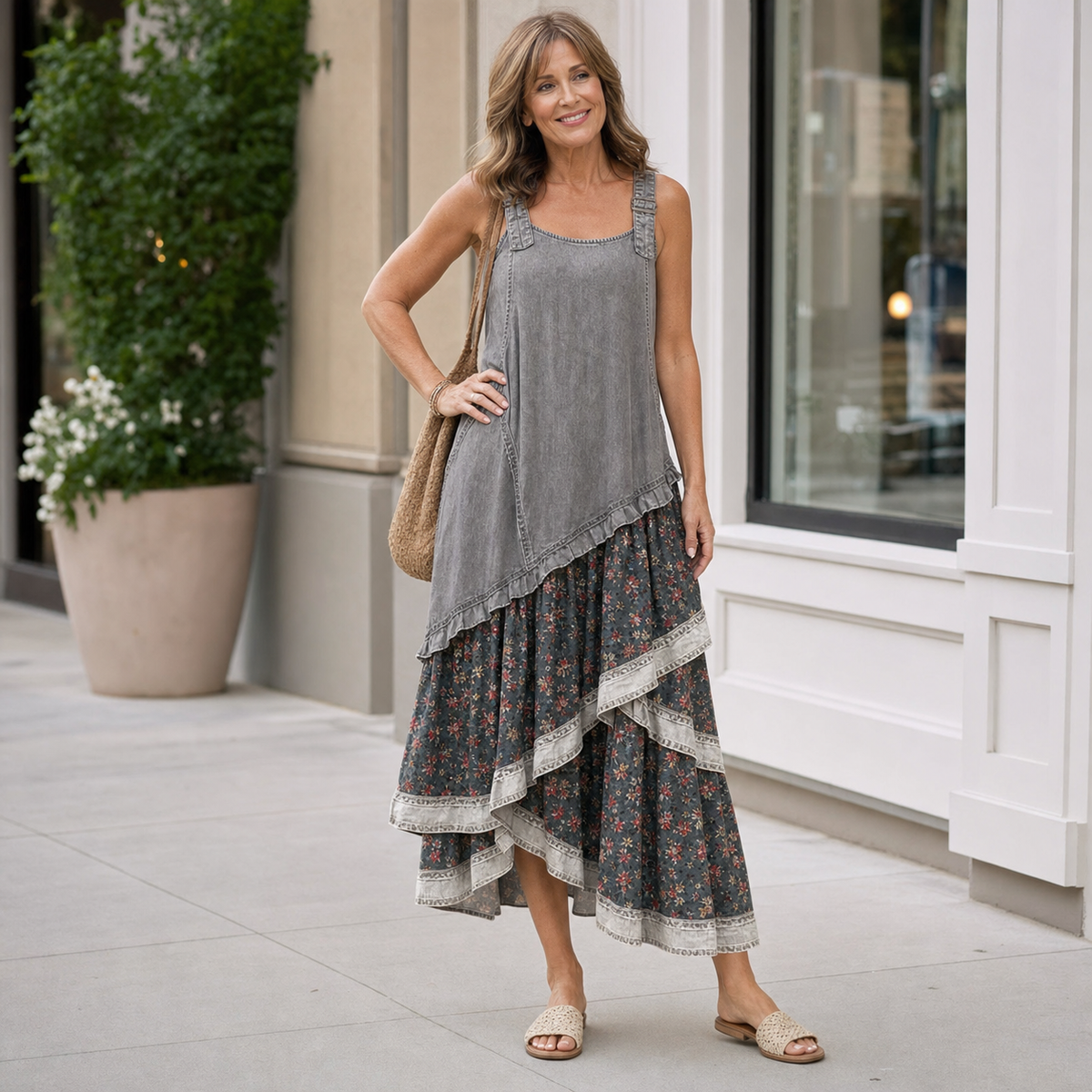 Women's Sleeveless Boho Patchwork Midi Dress