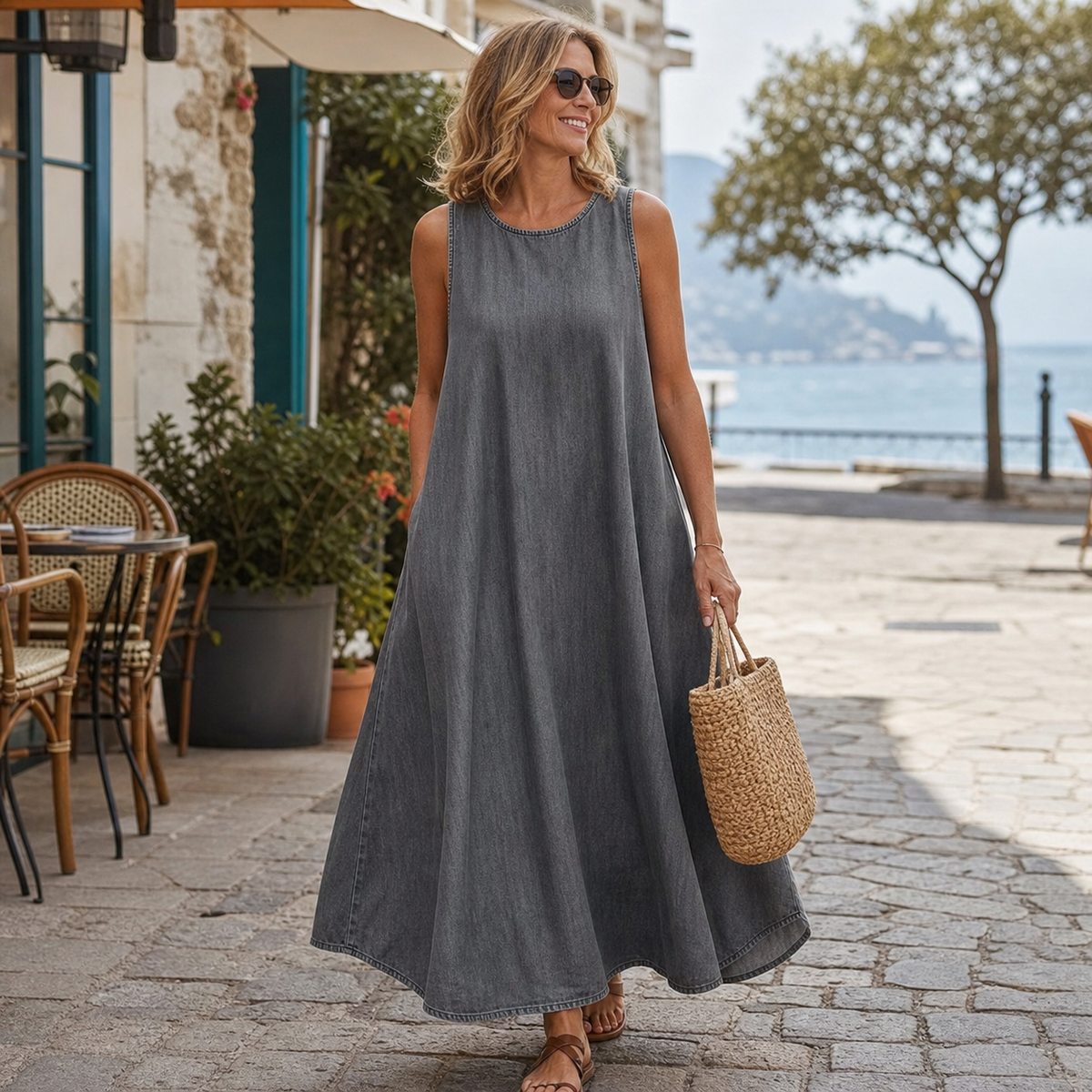 Women's Sleeveless Relaxed A-Line Denim-Look Dress