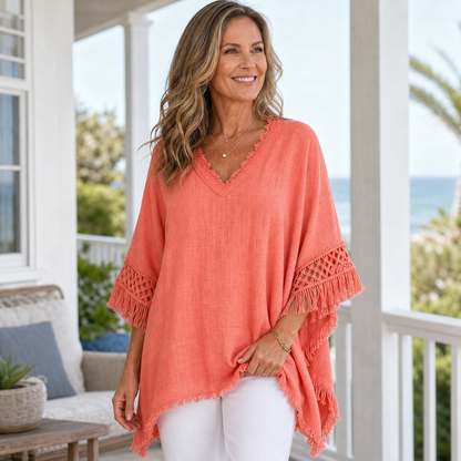 Women's Fringed Lace Sleeve V-Neck Tunic Top