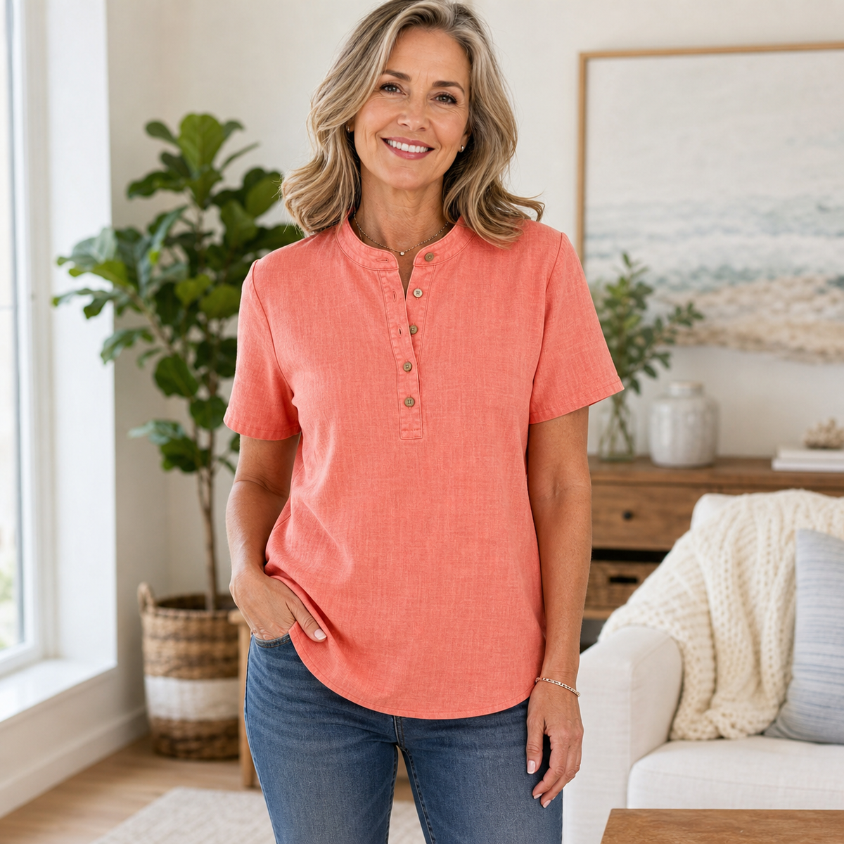 Women's Linen-Blend Short Sleeve Henley Top