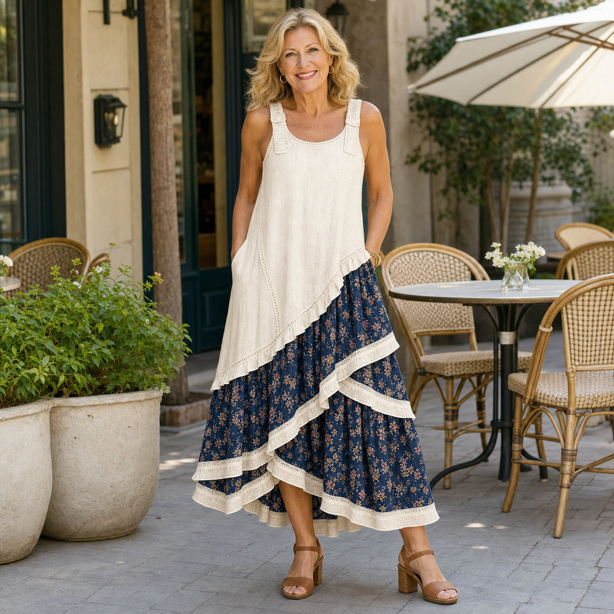 Women's Sleeveless Boho Patchwork Midi Dress