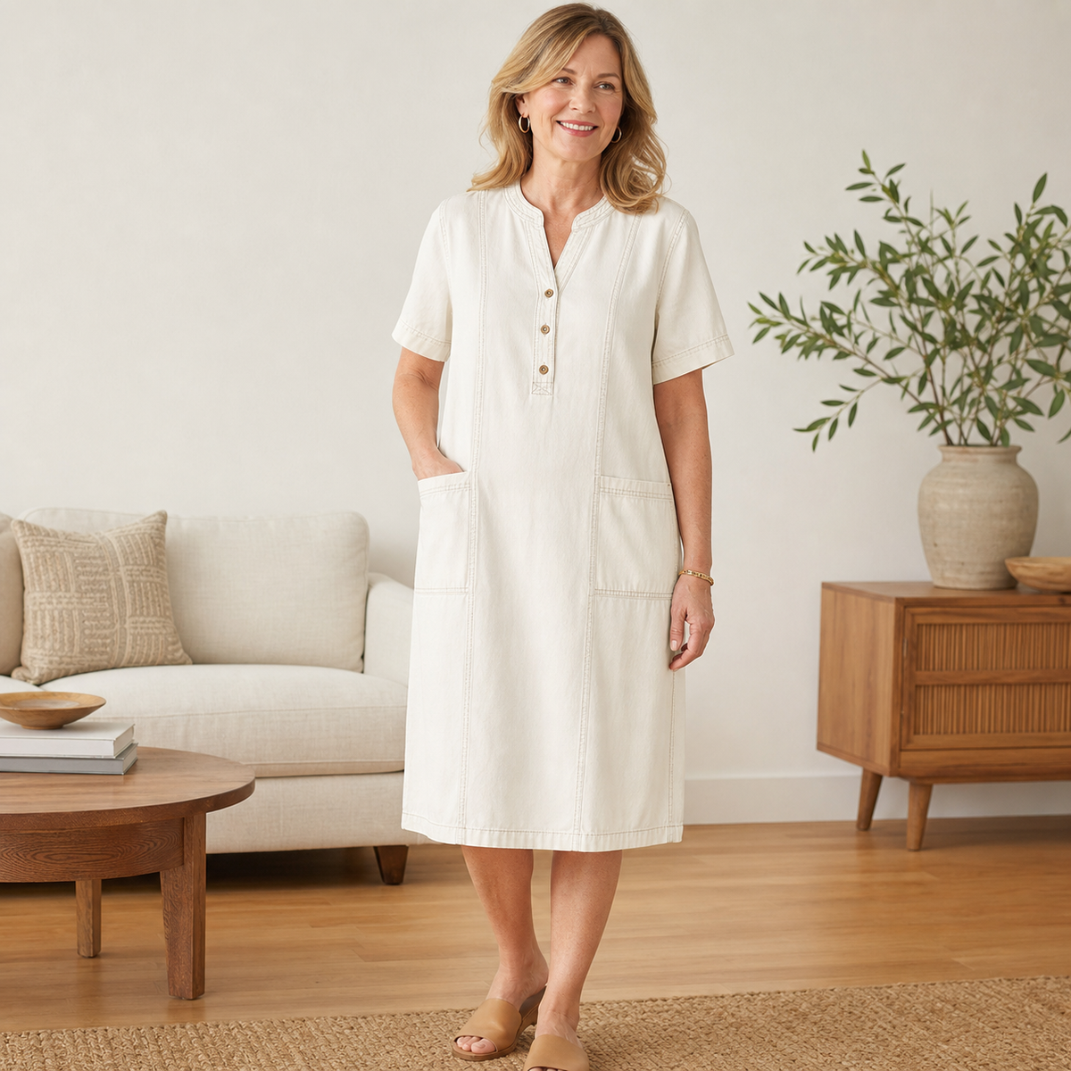 Women's Short Sleeve Denim Henley Pocket Dress