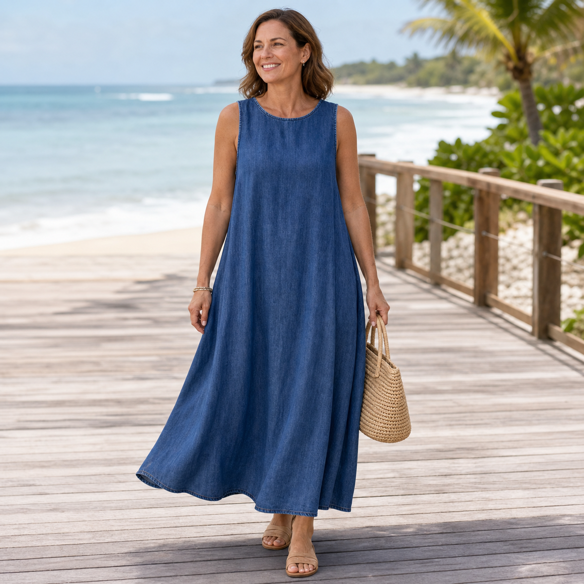 Women's Sleeveless Relaxed A-Line Denim-Look Dress