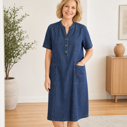 Women's Short Sleeve Denim Henley Pocket Dress